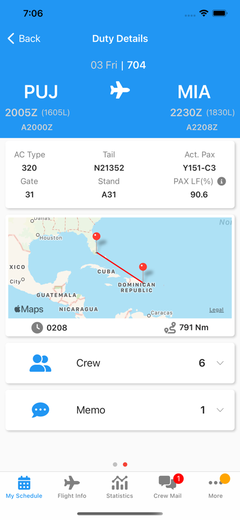 eCrew - eCrew mobile app interface displaying flight duty details including a route map from Punta Cana to Miami and aircraft information