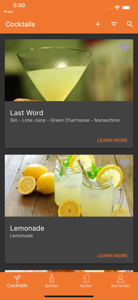 The cocktail recipe menu in the MyBar.io app featuring a variety of drinks.