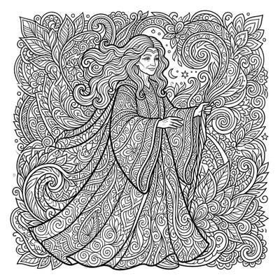 Step into a world of magic with our White Witch Zentangle coloring page. This intricate design features a benevolent sorceress adorned with beautiful, meditative patterns, perfect for a relaxing coloring session.