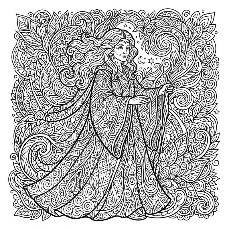 Step into a world of magic with our White Witch Zentangle coloring page. This intricate design features a benevolent sorceress adorned with beautiful, meditative patterns, perfect for a relaxing coloring session.