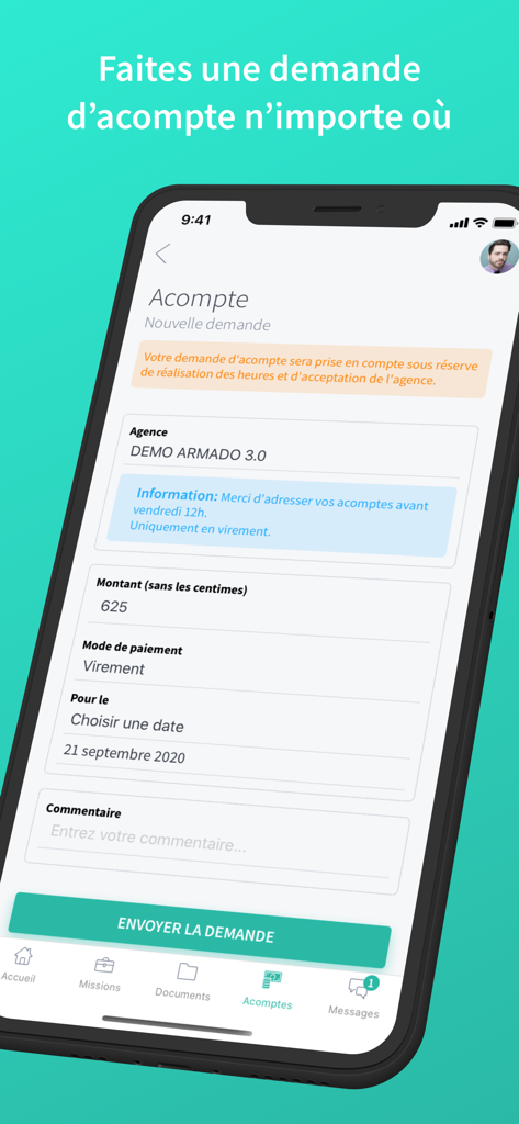 Armado - Smartphone screen displaying the Armado app's cash advance request form.