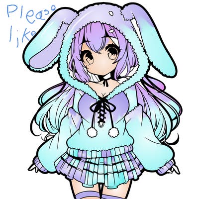 pretty anime girl wearing a fluffy hoodie with bunny ears on the hood and a skirt