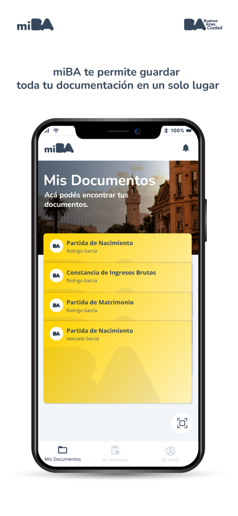 miBA - A smartphone showing the miBA app interface with a list of digital government documents like birth and marriage certificates