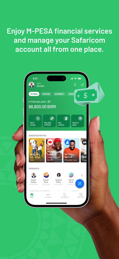 M-PESA Safaricom Ethiopia - Home screen of the M-PESA Safaricom Ethiopia app showing account balance and financial services