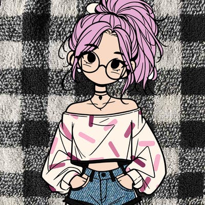 girl with a messy ponytail glasses a baggy crop top and jean shorts