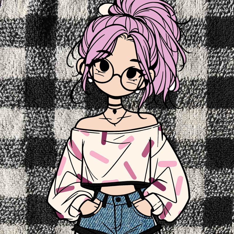 girl with a messy ponytail glasses a baggy crop top and jean shorts