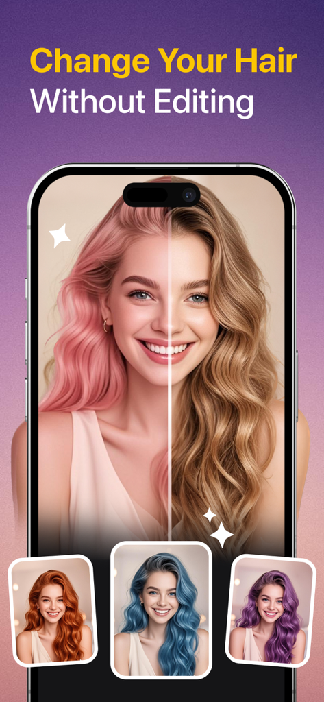 SnapEdit AI - SnapEdit AI app interface showing a hair color transformation feature with pink blue and purple options
