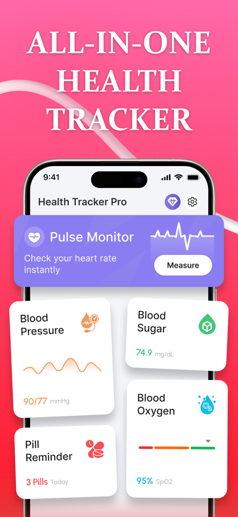 Smart BP & Heart Rate Monitor - Dashboard of the Smart BP and Heart Rate Monitor app showing blood pressure, pulse, blood sugar, and oxygen levels.