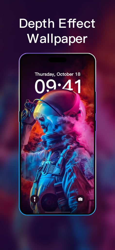 iPhone lock screen showing a depth effect wallpaper with an astronaut in vibrant blue and pink smoke