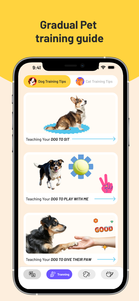 Pet Sound: Dog & Cat Sounds - Smartphone screen showing dog training tutorials for teaching a dog to sit and give their paw