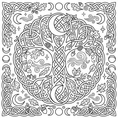 Discover the enchanting blend of Celtic tradition and autumnal beauty with this stunning coloring page. Featuring a detailed Tree of Life woven with moon phases, oak leaves, and woodland owls.