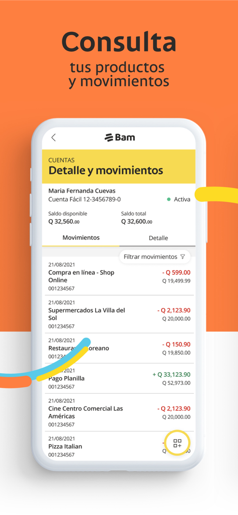 Bamapp Personas - Bamapp Personas mobile screen showing bank account balance and recent transaction history in Quetzales