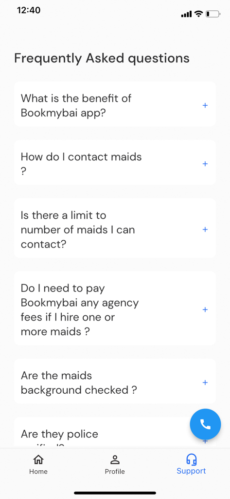 Bookmybai - Frequently Asked Questions page of the Bookmybai app listing common queries about hiring and verifying domestic workers