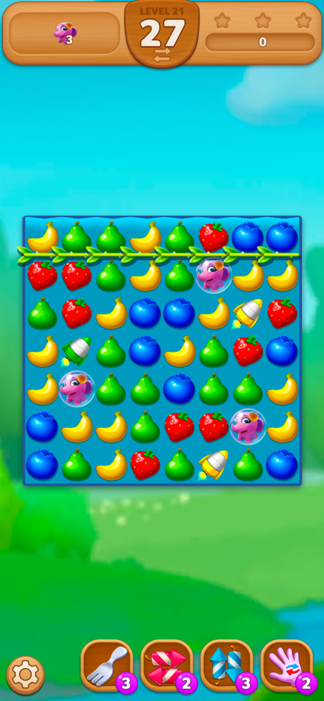 Fruits Mania:Belle's Adventure - Pantalla de juego de Fruits Mania La Aventura de Belle mostrando una cuadrícula de puzzle match-3 con frutas coloridas y power-ups