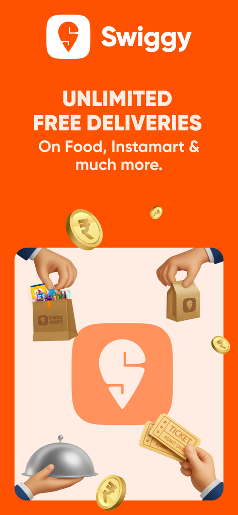 Swiggy app promotional screen advertising unlimited free deliveries for food and groceries