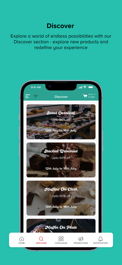 World of Sweets - World of Sweets mobile app Discover screen showcasing confectionery product deals and seasonal discounts up to 60 percent off.