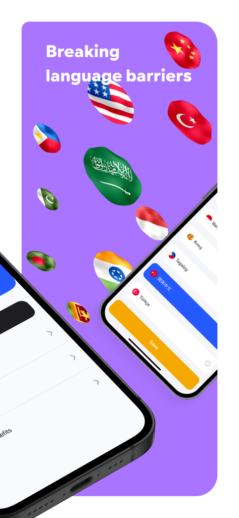 Interfaccia dell'app urpay del portafoglio digitale che mostra opzioni di selezione di più lingue con bandiere internazionali fluttuanti.