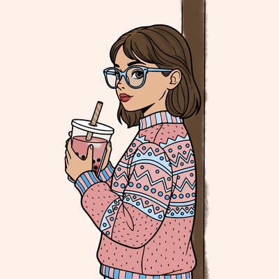 girl with glasses and sweater not showing her legs holding boba