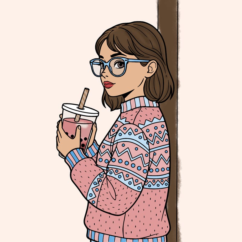girl with glasses and sweater not showing her legs holding boba
