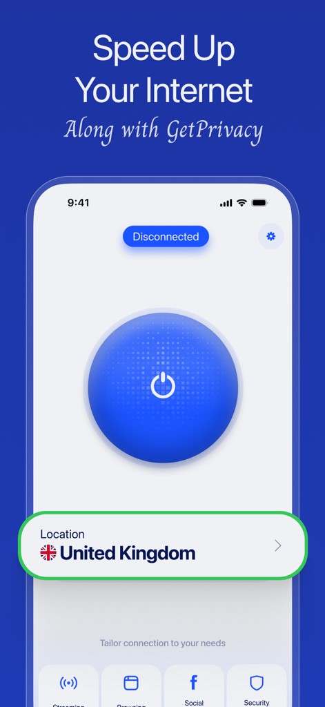 StealthNet VPN mobile app interface showing a large connection button and United Kingdom server selection