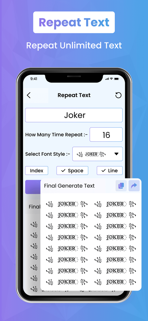 Nickname Generatore - 장식용 게임 닉네임으로 텍스트 반복 기능을 보여주는 닉네임 생성기 앱 인터페이스 스크린샷