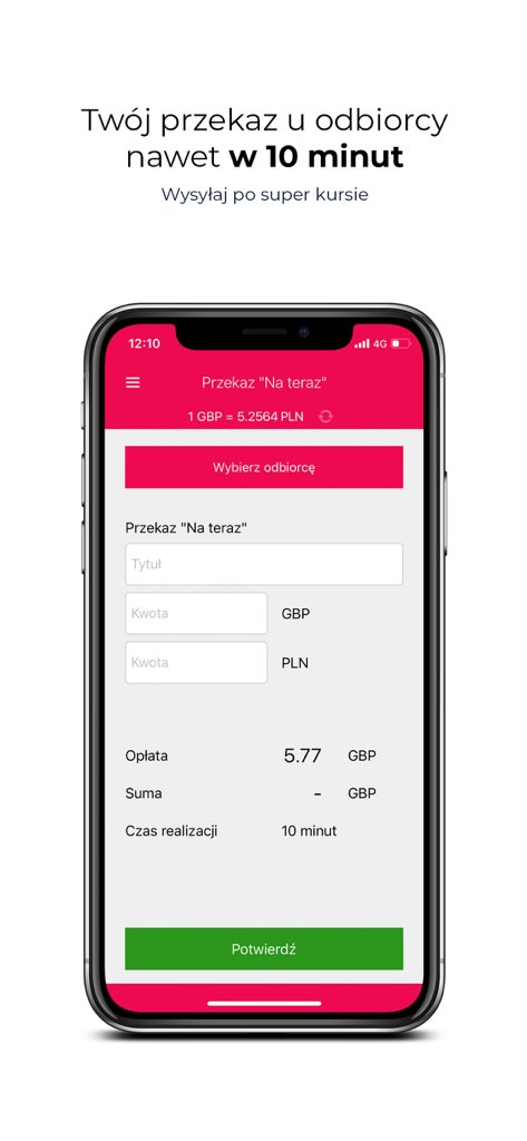 Sami Swoi App-Benutzeroberfläche, die eine 10-minütige Geldüberweisung von GBP nach PLN zeigt