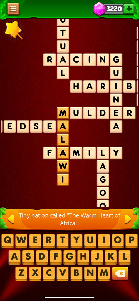 Crossword Master - Word Link - Gameplay of Crossword Master showing a crossword board and a trivia clue about Africa