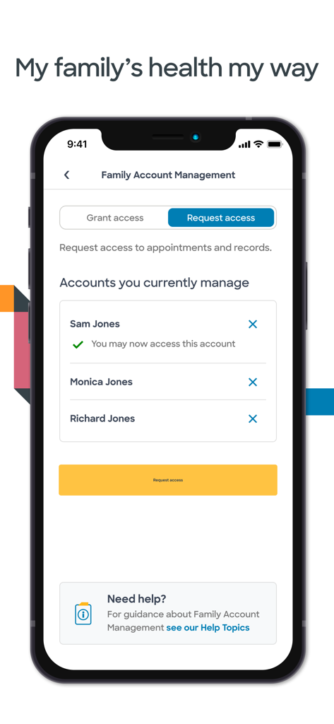 MyBSWHealth - MyBSWHealth app screen for family account management showing access for family members