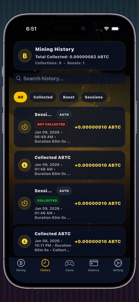 Bitcoin Mining - Alpha BTC - Alpha BTC App-Oberfläche zeigt eine Liste von virtuellen Bitcoin-Mining-Sitzungen und gesammelten Belohnungen.