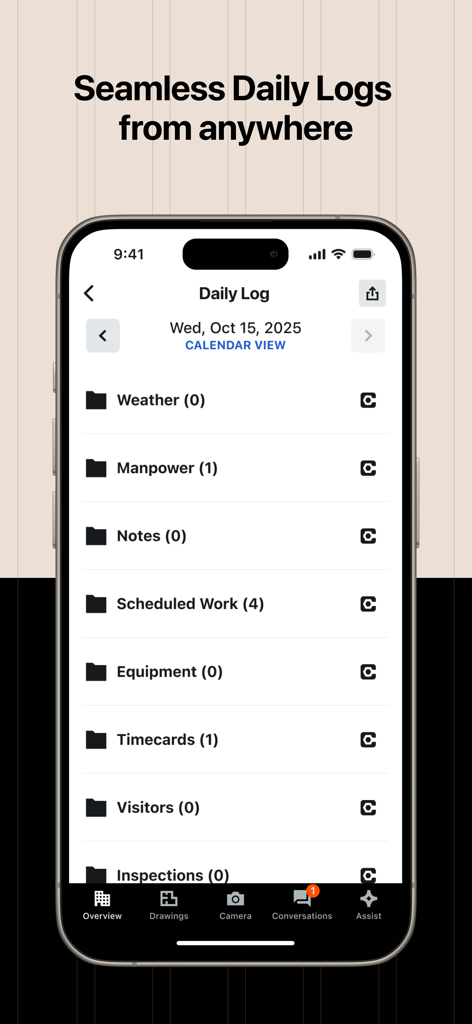 Procore - Procore mobile app interface displaying a construction daily log with categories like manpower and scheduled work