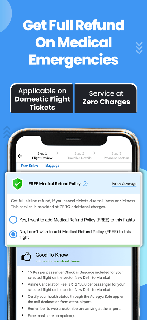 EaseMyTrip app screen showing a free medical refund policy option for domestic flight bookings.