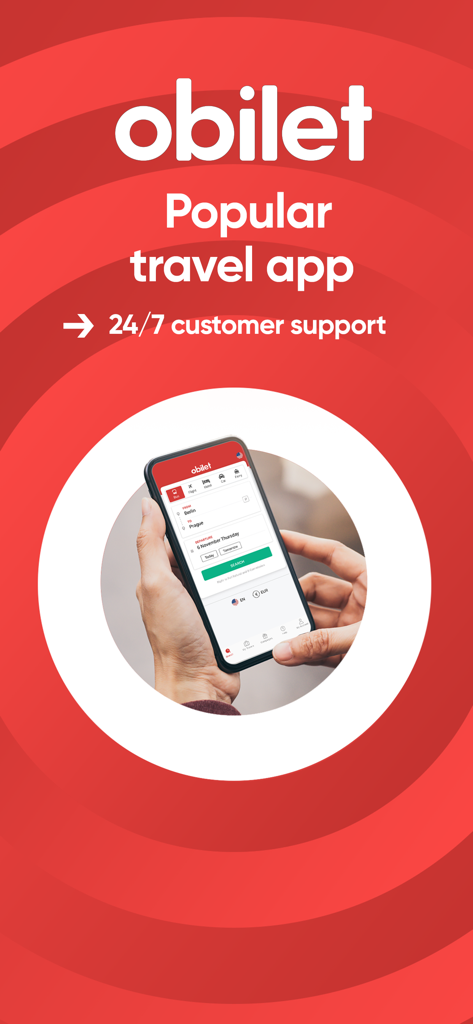 Teléfono móvil mostrando la interfaz de la aplicación Obilet para reservar billetes de viaje con texto de soporte al cliente 24/7