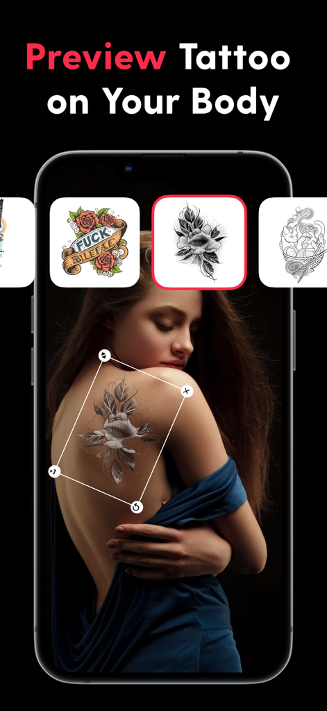 AI Tattoo - Ink Tattoo Creator - InkGenie app interface showing a realistic AI tattoo preview on a woman's back