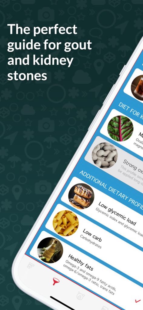 OxiPur – Gout & Kidney Stones - OxiPur app interface showing dietary profiles for gout and kidney stones