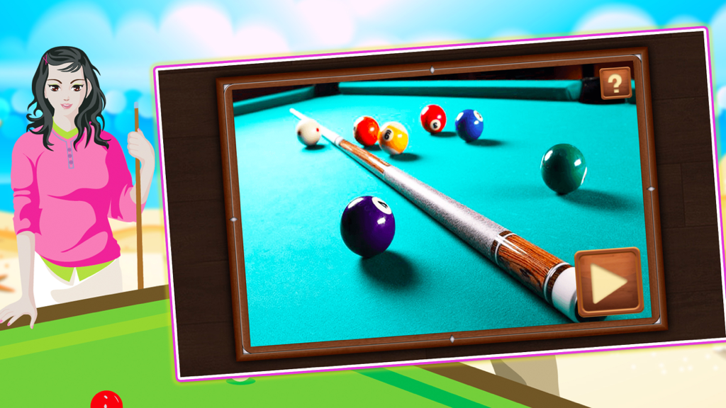 Main menu of 8 Ball Pool game featuring a pool table with colored balls and an anime character holding a cue.