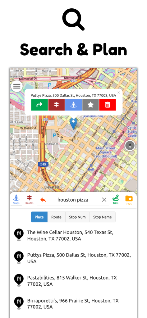 Houston Transit Metro - Search and plan feature in the Houston Transit Metro app showing a map and local search results.