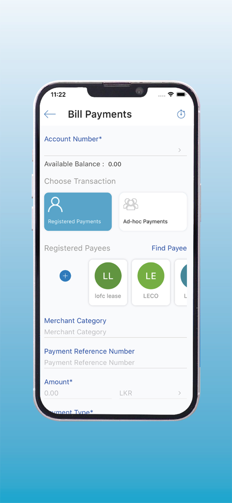 LOLC Realtime - LOLC Realtime app bill payment screen showing registered payees and transaction fields for Sri Lankan financial services