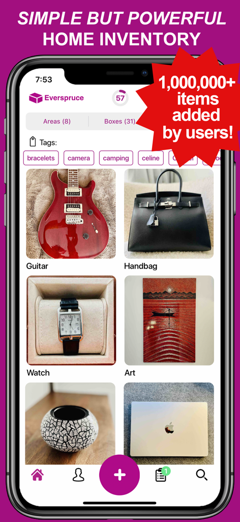 Interface of the Everspruce home inventory app showing a visual catalog of household items like a guitar and watch