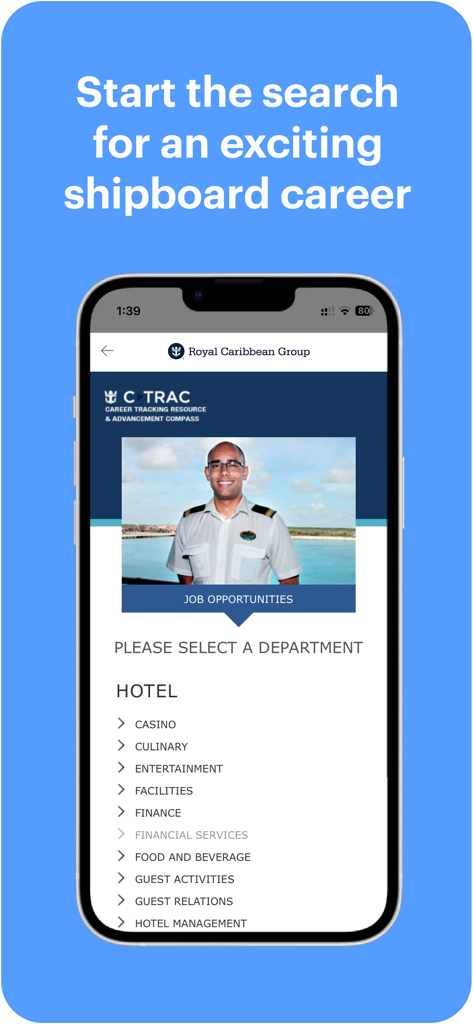 MyRCL app interface displaying shipboard career search and job departments for crew members