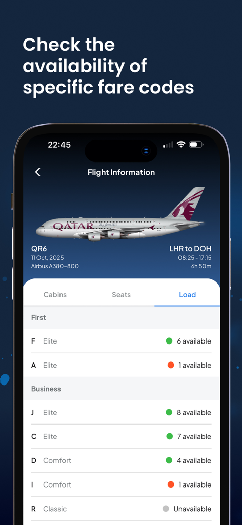 Planepoints app interface displaying real-time fare code availability for a Qatar Airways flight