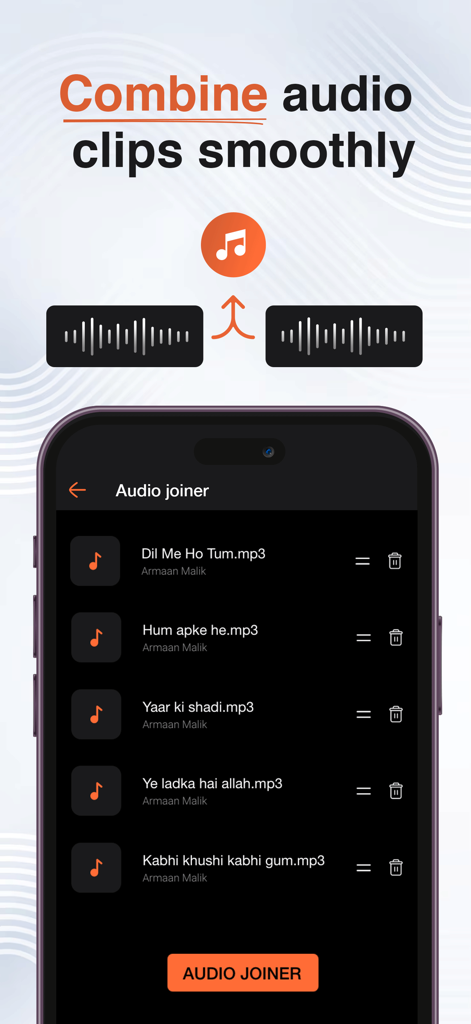 Pantalla de smartphone que muestra la interfaz de unión de audio para combinar varias pistas de música sin problemas