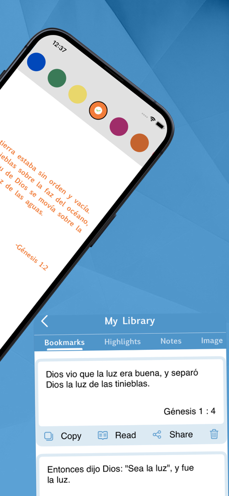 La Santa Biblia. Spanish Bible - Spanish Bible app interface showing bookmarked Bible verses and color highlight features