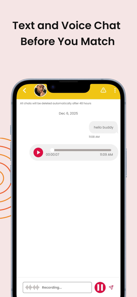 Flirtify: Chat & Meet Singles - Uma interface móvel do aplicativo de namoro Flirtify mostrando uma conversa de mensagens de texto e voz com o título Converse por Texto e Voz Antes de Dar Match