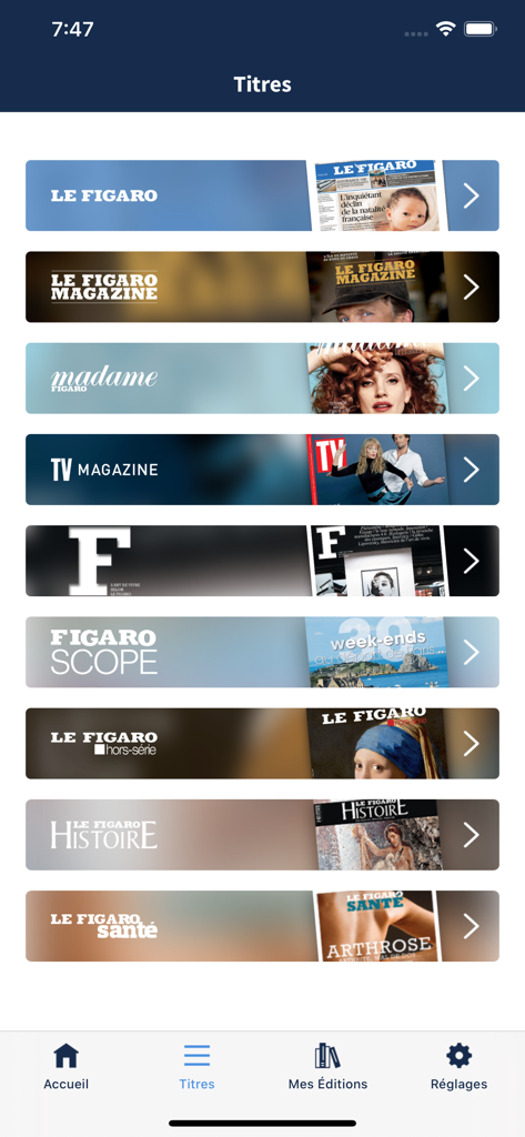 Interface showing the selection of Le Figaro publications including magazines and historical supplements