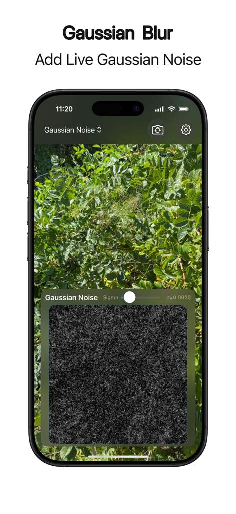 Image Toolkit Pro - A live Gaussian noise filter being applied to a smartphone camera feed in the Image Toolkit Pro app