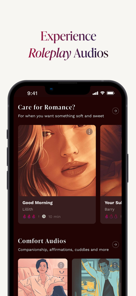 Bloom Stories app interface showing a selection of roleplay and comfort audio stories on a smartphone.