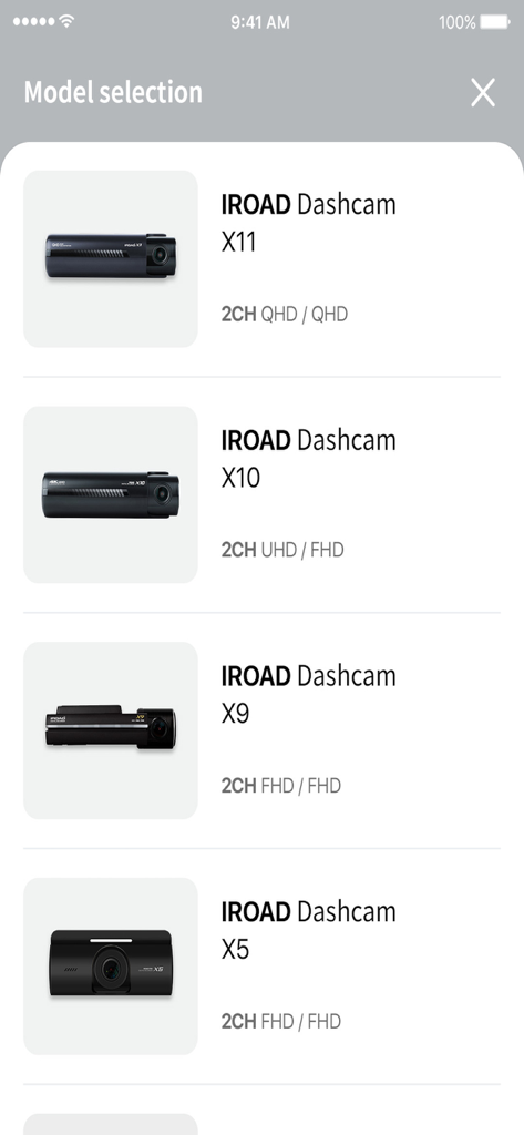 Pantalla de la aplicación IROAD Smart Manager que muestra una lista de modelos de dashcam compatibles para su selección