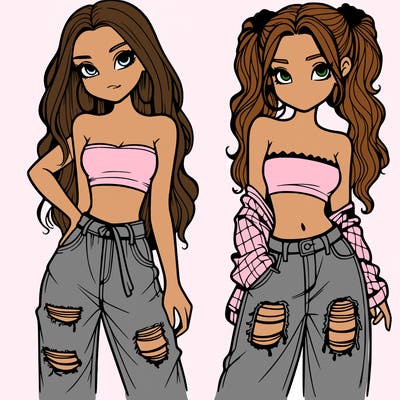2 girls in crop tops and baggy jeans ripped