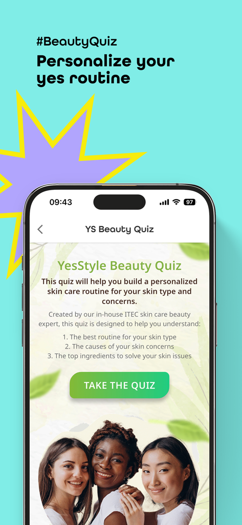 YesStyle Beauty-Quiz zum Erstellen einer personalisierten Hautpflegeroutine basierend auf Hauttyp und Bedenken.
