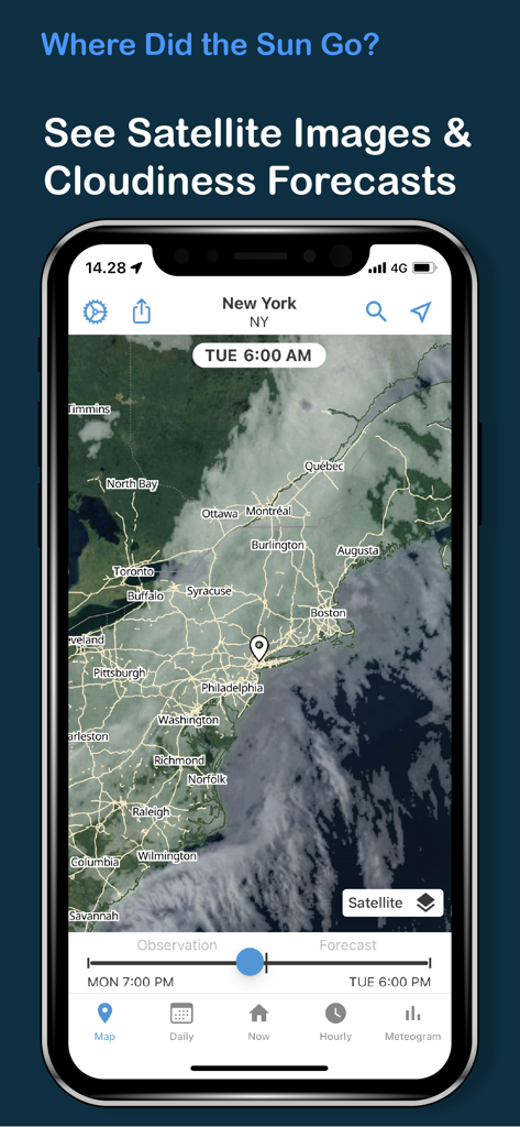 Satellite image and cloudiness forecast of New York on Foreca Weather app